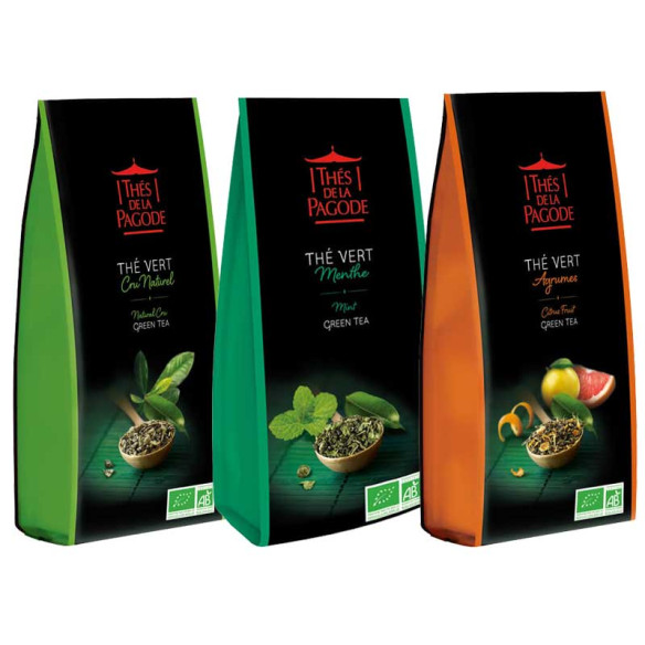 Lot de 3 thés verts : cru naturel, menthe et agrumes