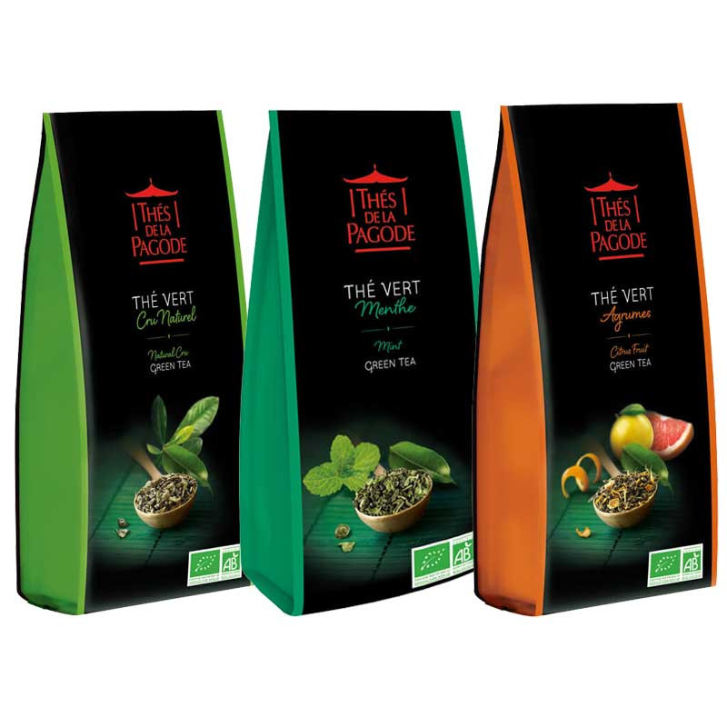 Lot de 3 thés verts : cru naturel, menthe et agrumes