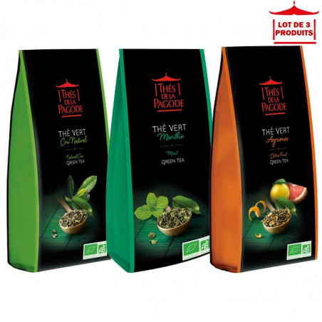 Lot de 3 thés verts bio : cru naturel, menthe et agrumes