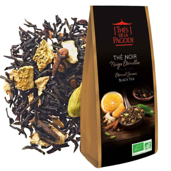 Thé Noir Neiges Eternelles - Visuel du sachet de 100g + blend