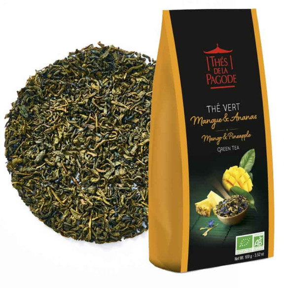 Thé vert mangue ananas bio - Visuel du sachet de 100g et blend