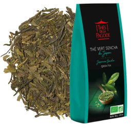 Thé vert sencha du Japon bio - Visuel du sachet de 100g et du blend